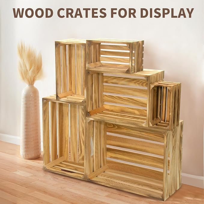 6 Pcs Wooden Crates for Display, Nesting Wood Crate for Storage, 6 Size | Farmhouse Weddings Wooden Basket for Storage Container and Decorations, Rustic Wood Crates for Farmers Market, Birthday, DIY