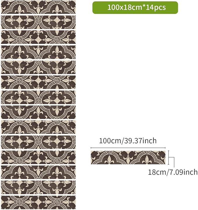 REDAMANCY Vintage Beige Dark Brown Damask Flower Peel and Stick Vinyl Stair Riser Decals Staircase Tile Stickers Decor Modern Marble Decoration Self-Adhesive(14 Pcs)