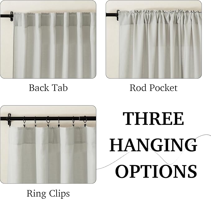 RYB HOME Linen Sheer Curtains for Living Room Bedroom, Back Tab 120 inches Farmhouse Boho Rustic Decoration for Dining Room Nursery, Grey, W 52 x L 120 inches, 2 Panels Set