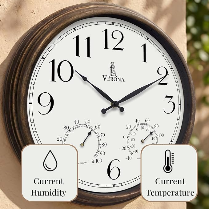 Large Outdoor Clocks for Patio - Waterproof, Accurate & Easy to Read - 24 inch Indoor Outdoor Wall Clock with Thermometer, Temperature and Humidity Combo - Weatherproof for Pool, Garden & Home Decor