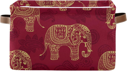 susiyo Foldable Storage Bins Large Collapsible Fabric Storage Baskets with Leather Handles Organizing Box for Shelves Home Bedroom Nursery Office 1 Pack，Indian Tribal Elephants