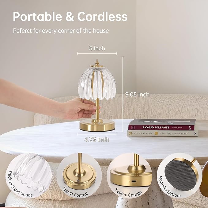 Shenmoyl Tulip Small Table Lamp, 5200mAh Cordless Touch Control Mini Table Lamp with 3 Color Temps & Stepless Dimming, Perfect for Small Spaces like Dressers, Bedsides, Bookshelves (Transparent Tulip)