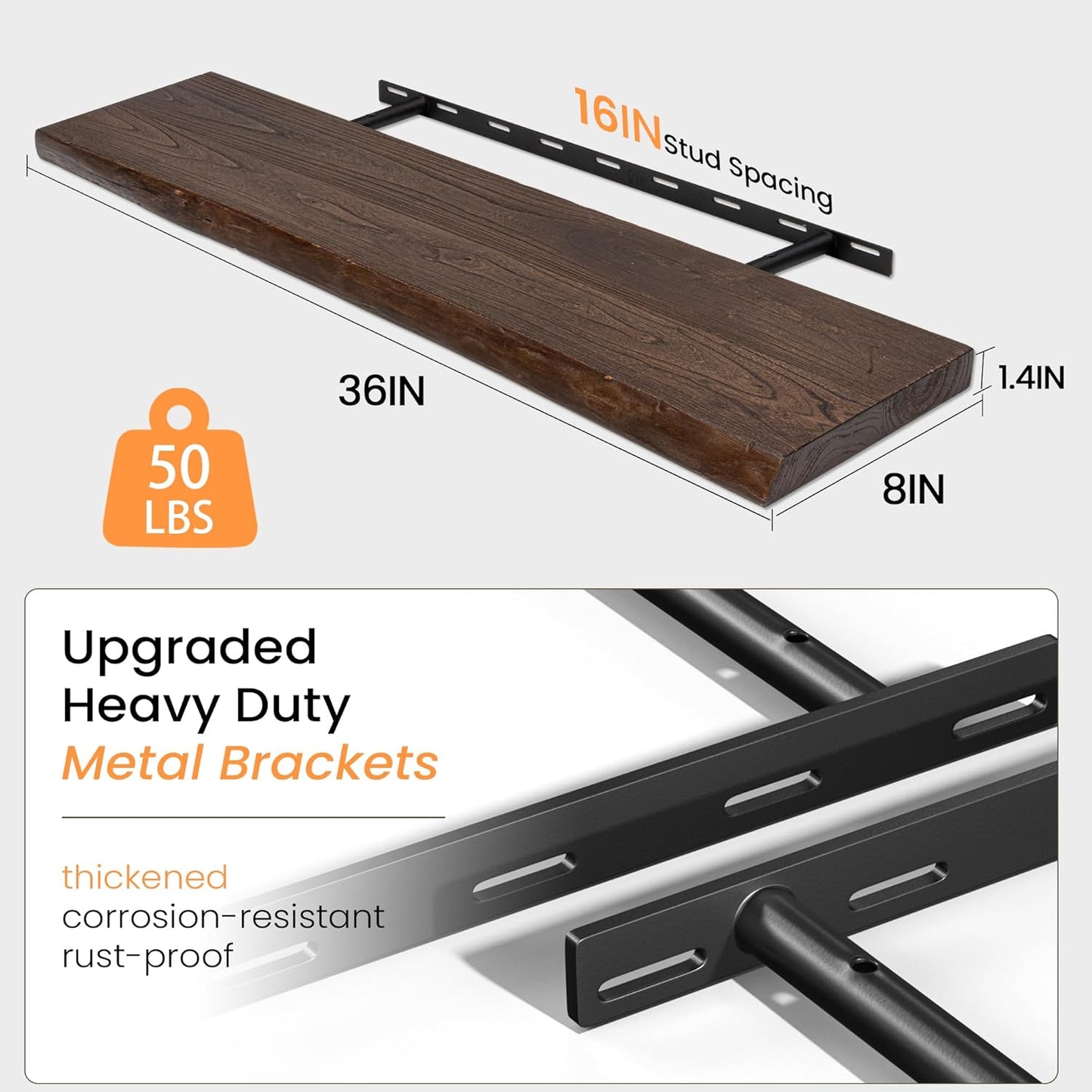 Fun Memories Solid Elm Wood Floating Shelves, 36 Inch Floating Shelves for Wall, Wall-Mounted Live Edge Wooden Shelves with Invisible Heavy-Duty Brackets for Books, Bathroom, Kitchen, Walnut Finish