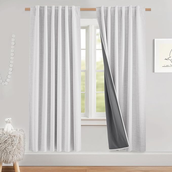 NICETOWN 100% Blackout Linen Curtains for Bedroom, Thick Insulated Rod Pocket & Back Tab Full Light Blocking Draperies with Gray Liner for Night Shift Workers (Set of 2, 52 by 78-inch, Greyish White)