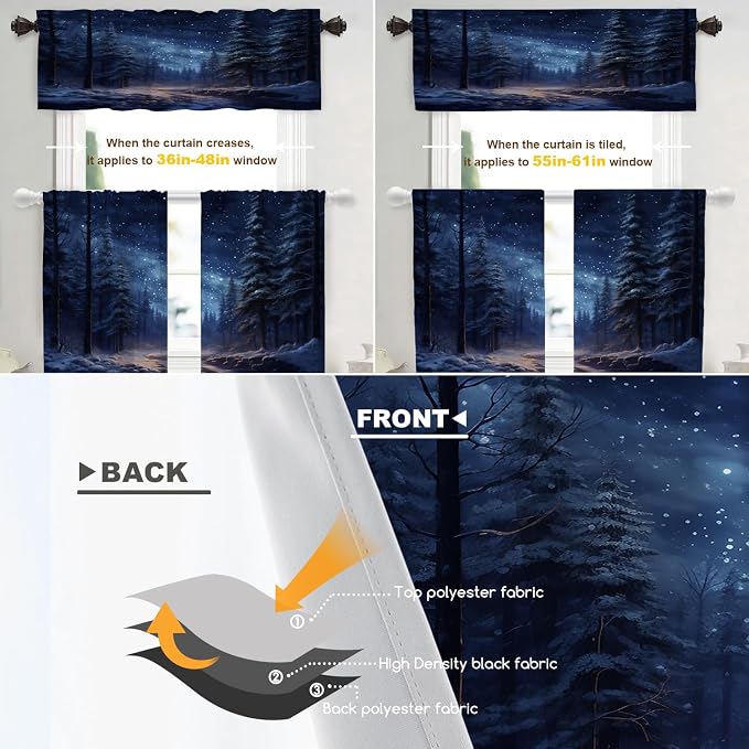 Shrahala Winter New Year Blackout Curtain Tiers, Stars Forests Snow Night Kitchen Valance Light Blocking Tier Drapes with Rod Pocket, 2 Pack 26 X 36 in