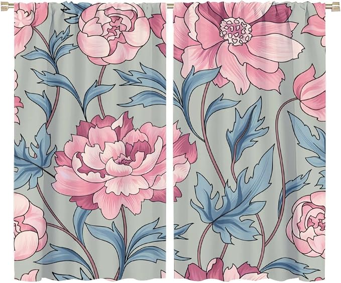 Floral Blackout Window Curtain, Flourish Ornamental Blossom Rose Style Print for Home Kitchen Restaurant Decoration Drapes 2 Panels 72x63in