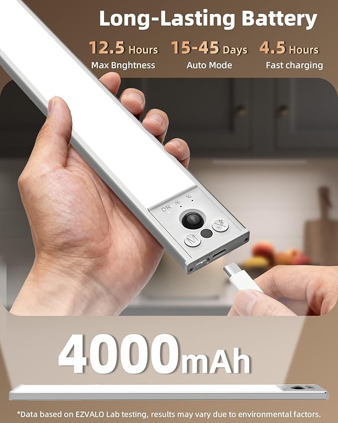 EZVALO 16.5-inch Under Cabinet Lighting, 4000mAh Rechargeable Motion Sensor Light Indoor, with Dimmable & 3 Color Temps, Magnetic Closet Lights, Wireless Under Counter Lights for Kitchen (4-Pack)