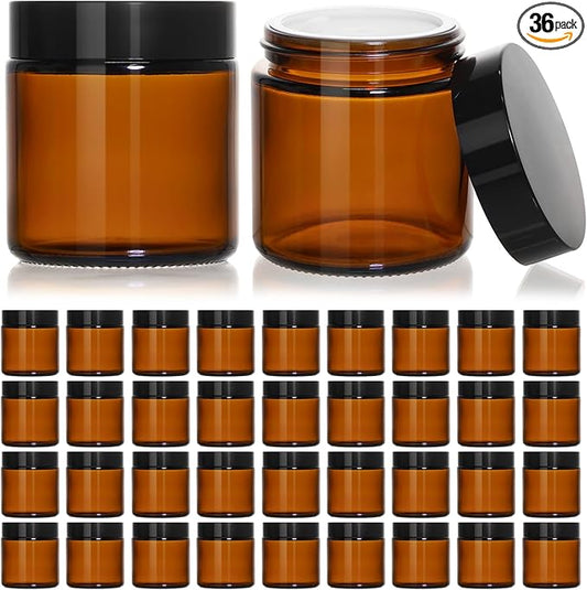 KEYWING 4oz Small Glass Jars with Black Lids, 36 Pack Amber Empty Cosmetic Containers Round Glass Jar with Inner Liners for Creams, Lotions, Ointments and Powders