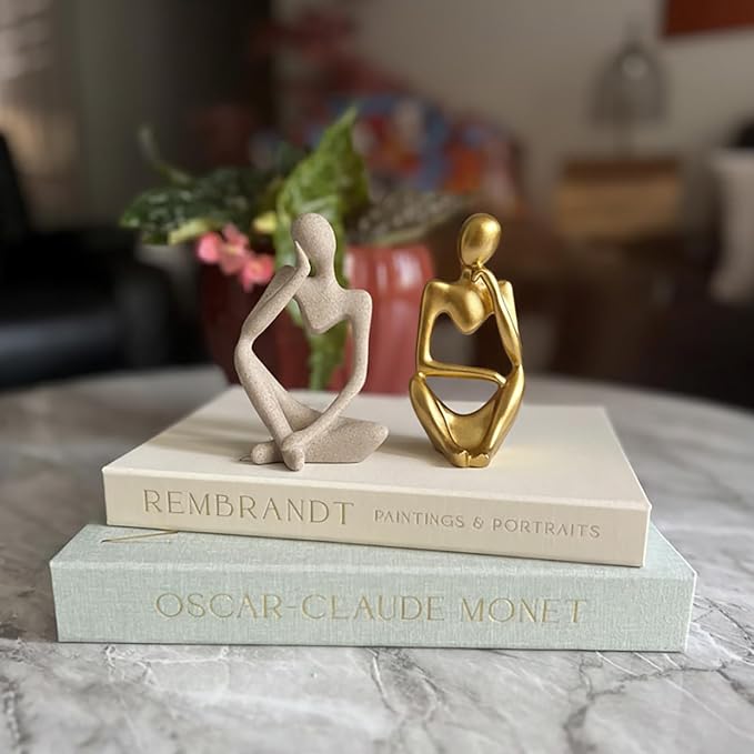 Decorative Books & Thinker Sculptures Set - Linen Boxes & Resin Figurines Enhance Your Coffee Table, Bookshelf or Mantle Decor - Living or Dining Room Home Decoration Aesthetic, Photo/Keepsake Storage