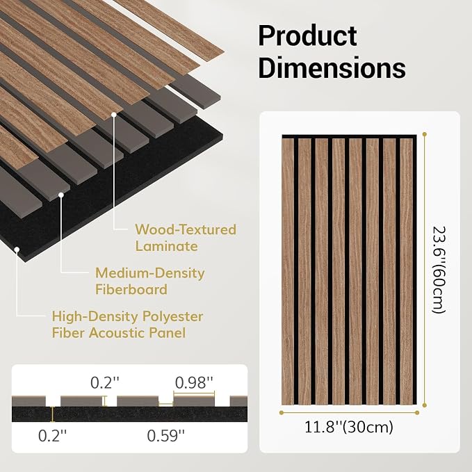 TONOR Wood Wall Panels for Interior Wall Decor, 4 Pack 23.6" x 11.8"(7.74ft²) Wood Slat Aacoustic Panels, Soundproof Wall Panels for Noise Cancelling and Decoration, Living Room, Bedroom, Walnut
