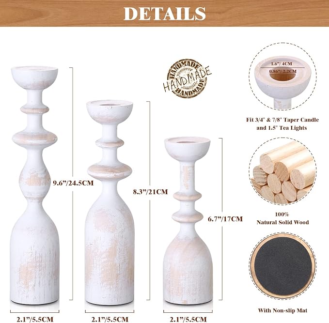 HOWSILAY Wood Farmhouse Candle Holders, Set of 3 Candlestick Holder, White | Solid Handcrafted Wood, 3 Assorted Heights, Fits Taper/LED Tea Light/Pillar Candles, Rustic & Modern Home Decor, Gift Box