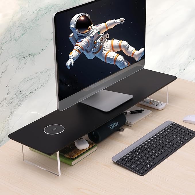 SUIBIAN Black Monitor Stand Riser with Wireless Charging 31.5Inch Large, Computer Monitor Stand,Wooden Desktop Organizer Shelf for Office Desk Computer,Laptop,TV (Black Oak)