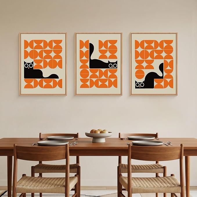 HOURIA Geometric Black Cat Framed Canvas Wall Art Set,Abstract Orange & Cream Wall Decor,Round Eyes Playful Kitten Wall Painting,Modern Animal Prints for Nursery,Living Room,Office - 12"x16"x3