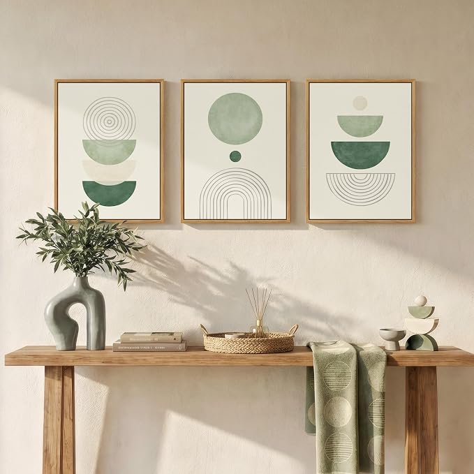 3 Piece Framed Minimalist Boho Canvas Wall Art for Bedroom, Abstract Sage Green Geometric Artwork for Walls, Green and Beige Picture Print Paintings for Hallway Office Wall Decor 12x16 Inch