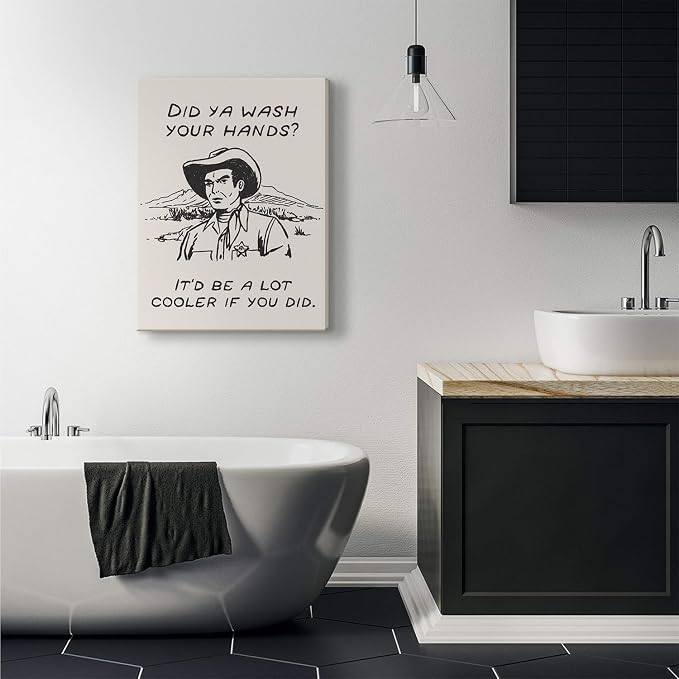 Framed Retro Black and White Cowboy Kitchen Wall Art Did You Wash Your Hands Canvas Prints Cute Bathroom Humor Pictures Trendy Decor Posters Paintings Western Home Wall Decor (12x16in Framed)