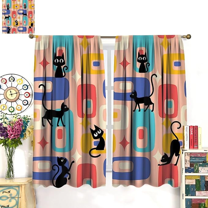 JESTRONRY Mid Century Style Curtains, Black Cat Modern Abstract Geometric 1950s 60s Vintage Colorful Blackout Rod Pocket Window Drapes for Living Room Bedroom Home Decor 72x63in