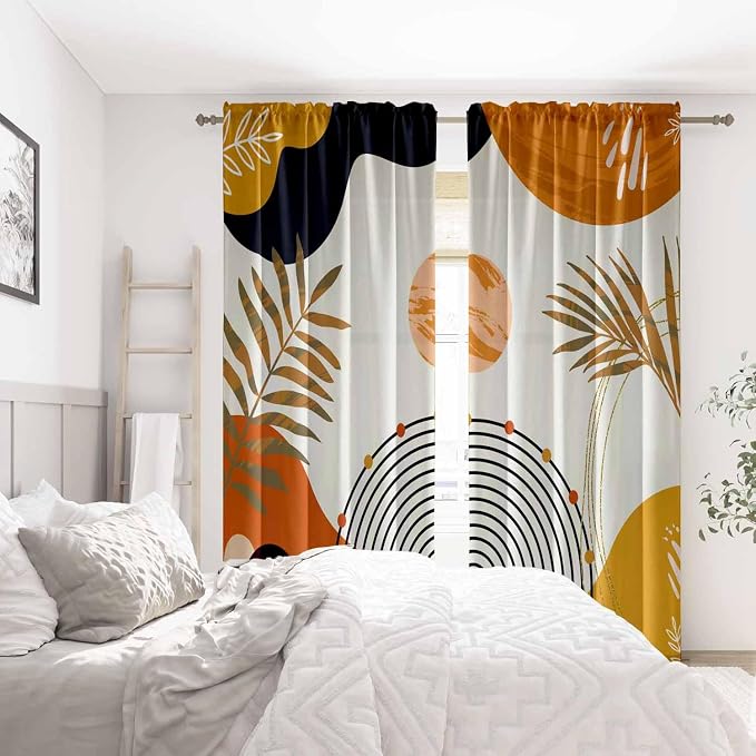 Colorful Boho Curtains Mid Century Modern Light Filtering Curtains 52X72Inch Abstract Leaves Retro Rainbow Living Room Curtain 2Pc Fun Geometric Drapes Yellow Plant Window Curtain for Bedroom