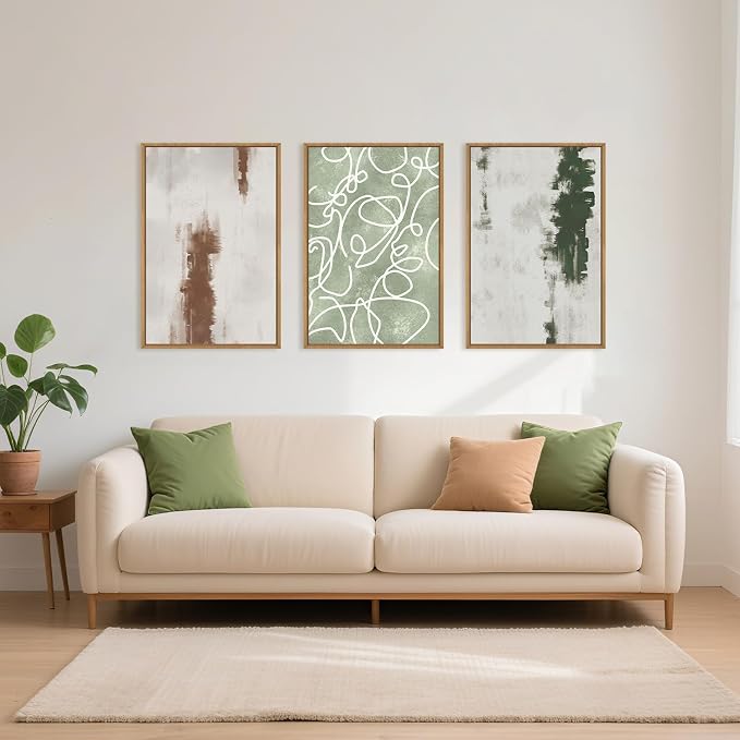 Large Abstract Green Brown Geometric Framed Canvas Wall Art Set,Minimalist Neutral Brush Stroke Wall Decor,Modern Watercolor White Curved Lines Artwork for Living Room,Bedroom,Office-24 x36 x3