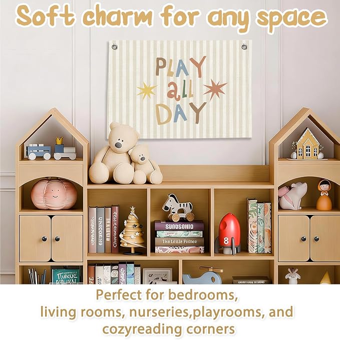 RTXLEZM Playroom Wall Decor,Play All Day Canvas Banner Hanging | Neutral Striped Play Room Wall Art for Kids Little Toddler Boy Girl Nursery Room Bedroom Playroom Classroom Decor 20x30