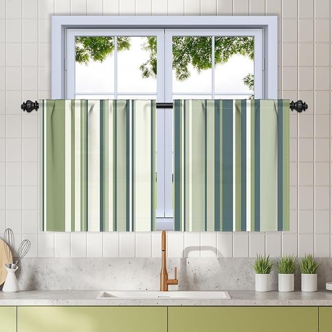 Renaiss 26 x 24 Inch Green Stripe Linen Kitchen Curtains Rod Pocket Window Treatment Tier Decor Curtain for Living Room Bathroom Cafe Small Window Farmhouse Rustic Pinstripe Window Drapes 2 Panels
