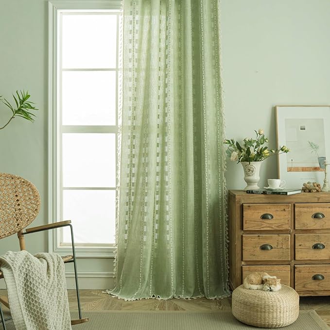Deeprove Sage Green Boho Curtain 84 inches Length for Living Room Bedroom Nursery Doorway, Sheer Bohemian 84 inches Long Stripe Embroidery Privacy Window Fringe Christmas Decor W52 x L84, 1 Panel