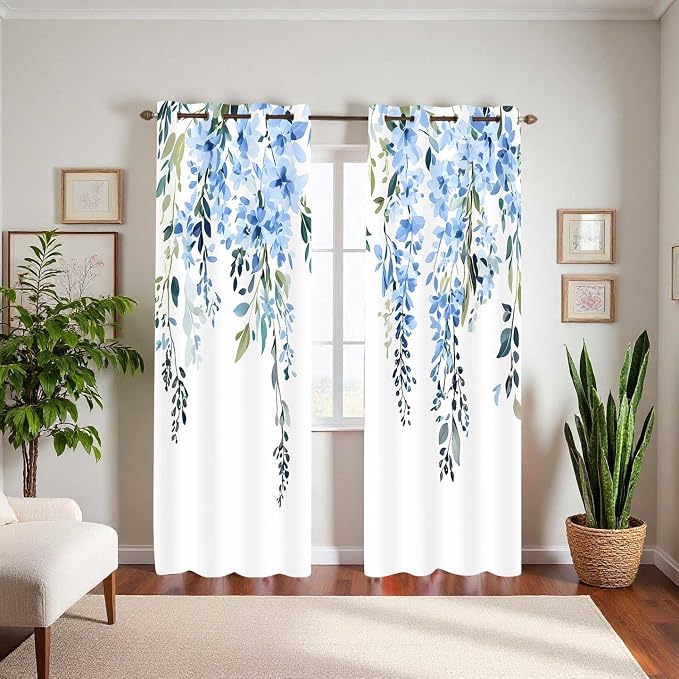 Blue Watercolor Floral Curtains, Botanical Leaves Vine Flowers Curtain, Rustic Farmhouse Flower Leaf Blackout Window Treatment Drapes for Bedroom Living Room 52x96 inch, 2 Panels