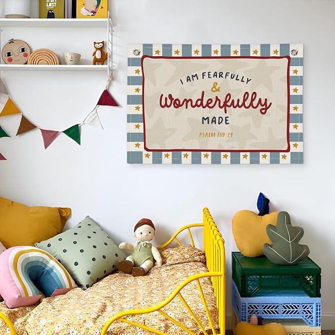 Wheatwin Fearfully And Wonderfully Made Nursery Wall Decor, Vintage Kids Room Playroom Bible Verse Christian Wall Hanging Banner, Canvas Decoration for Classroom, Nursery Kids Room