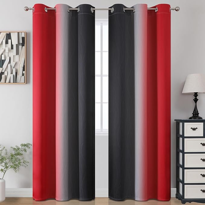 Estelar Textiler Black and Red Blackout Curtains, 100% Ombre Blackout Curtains for Bedroom, Full Light Blocking Thermal Insulated Gradient Grommet Drapes for Living Room, 42x84 Inch, 2 Panels