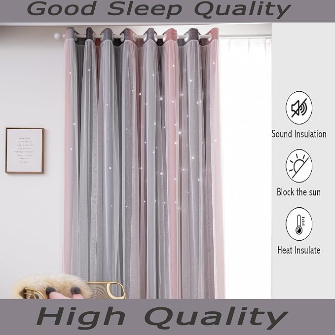 Pink Gray Star Blackout Curtains 108 Length 2 Panel Sets, Thick Grommet Privacy Boho Cute Curtain for Kids Room Aesthetic Room Bedroom, Layer Star Cut Out Aesthetic Curtain