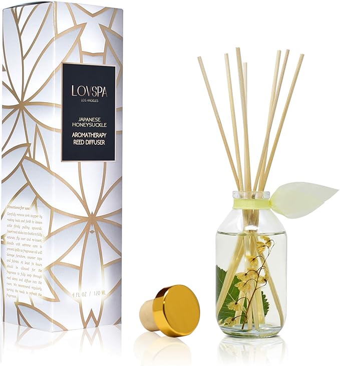 Reed Diffuser Set - Japanese Honeysuckle Scented Diffuser with Sticks | Home Fragrance Reed Diffuser for Bedroom, Bathroom Shelf Décor, with Real Florals in the Bottle - Made in the USA