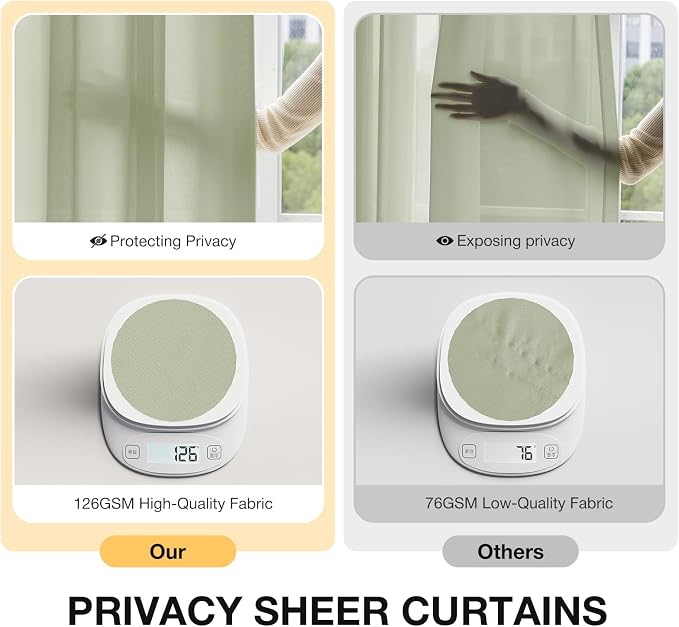 Anmao Non-See-Through Sage Green Privacy Semi Sheer Curtains for Living Room 63 Inch Length 2 Panels Set, Light Filtering That Let Light in Rod Pocket Window Drapes for Bedroom, 40W x 63L, Sage