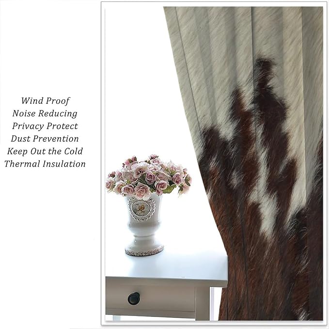 Cow Print Blackout Curtain,Animal Fur Skin Brown White Cowhide Western Rustic Farmhouse Window Treatments Rod Pocket Curtain for Bedroom Living Room Kitchen Decor Drapes 42x45in