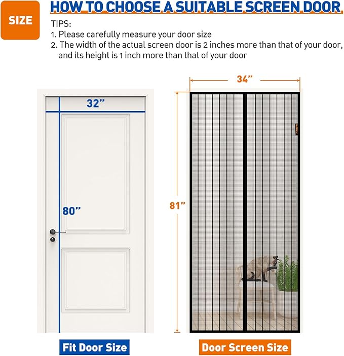 MAGZO Magnetic Screen Door with Full Strip Magnets, Fit Door Size 32 x 80 Inch, Screen Size 34" x 81" Magnets Net with Full Frame Hook & Loop for Patio Entrance, Black