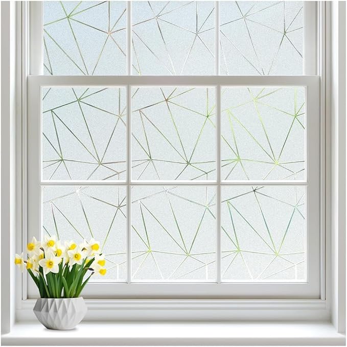 rabbitgoo Window Privacy Film with Decorative Triangle Pattern, Non-Adhesive Frosted Glass Window Film for Bathroom, UV Blocking Vinyl Sticker for Glass Door Covering, 23.6 x 78.7 Inches