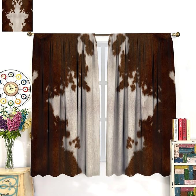 Cowhide Blackout Curtain, Rustic Farm Brown White Cowhide Animal Fur Western Curtains Rod Pocket Window Treatments 2 Panels Drapes for Kitchen Living Room Bedroom Cafe Decor 84" W X 84" L