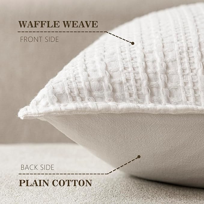 Foindtower Set of 2 Decorative Cotton Waffle Weave Throw Pillow Covers Euro Shams Cushion Covers Accent European Pillowcase for Bed Couch Sofa Bedroom Living Room Home Decor 18×18 Inch Cream White