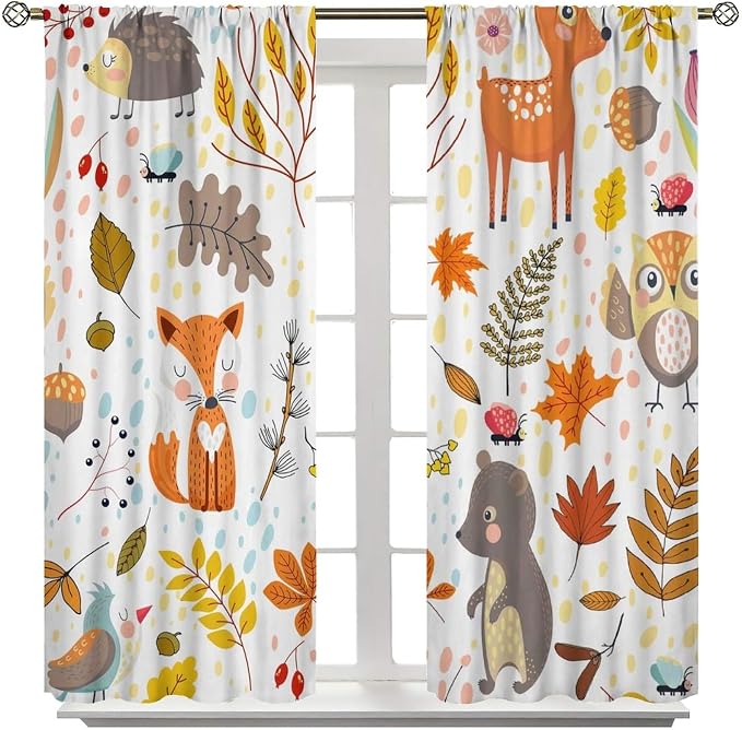 Kids Boys Girls Curtains, Jungle Animal Autumn Forest Cartoon Deer Rabbit Fox Owl Print Pattern Window Drapes for Nursery Baby Bedroom Playroom Living Room 2 Panel Sets,63x63 Inch