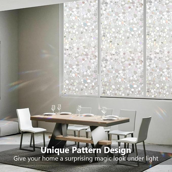 Lemon Cloud Window Privacy Film, Stained Glass Decorative Static Clings, Frosted UV Blocking Colorful Rainbow Window Stickers, Renter-Friendly Non-Adhesive Vinyl Covering, Pebble Pattern, 17.5"×157.4"