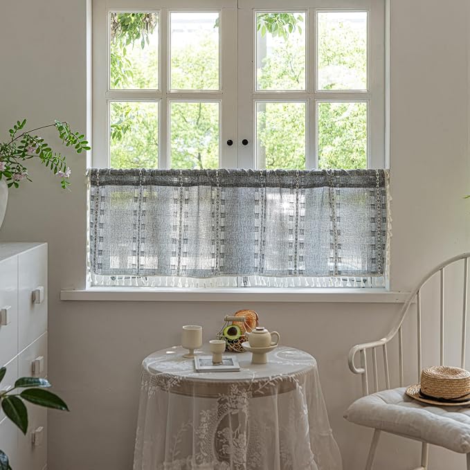 Deeprove Boho Valance Kitchen Short Curtain, Textured Striped Drape Semi Sheer Privacy Tier Embroidered Chic Window Treatment for Cafe Restaurant Closet, W52 x L18 inch Single 1 Panel Coal Grey