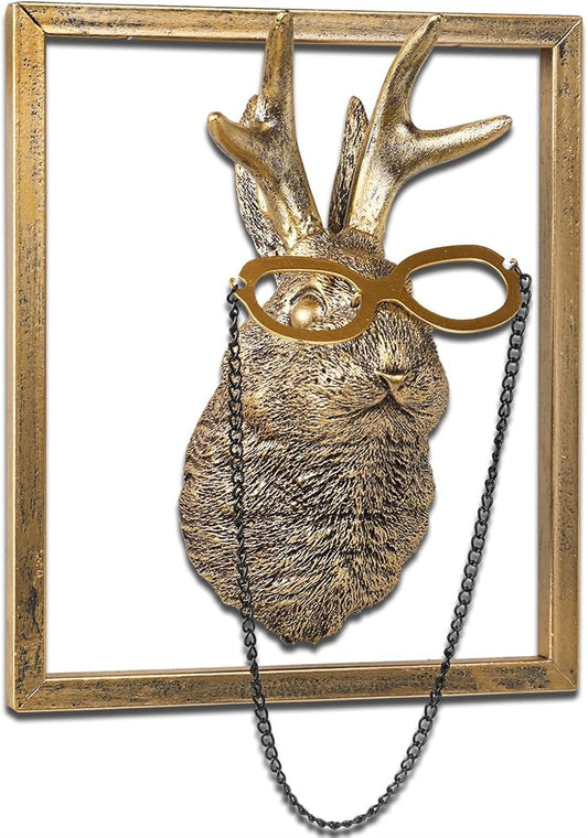 Newinhome Animal Heads Wall Decor (Includes Metal Frame) Resin Animals Sculptures Head Wall Hanging Decoration Gold vintage Wall Sculpture for Living Room Bedroom Office(Jackalope)