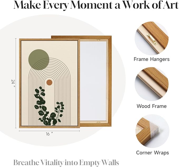 3 Piece Framed Abstract Boho Wall Art for Living Room, Large Sage Green Botanical Plant Canvas Artwork for Walls, Minimalist Geometric Prints Paintings for Bedroom Dining Room Hallway 16x24 Inch