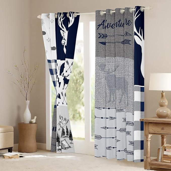 Camping Curtains for Kids, Deer Bear Blackout Window Drapes, Rustic Buffalo Plaid Patchwork for Teens Adult Bedroom, Lodge Woodland Wildlife 2 Panels, Grey Blue 42"Wx90"L