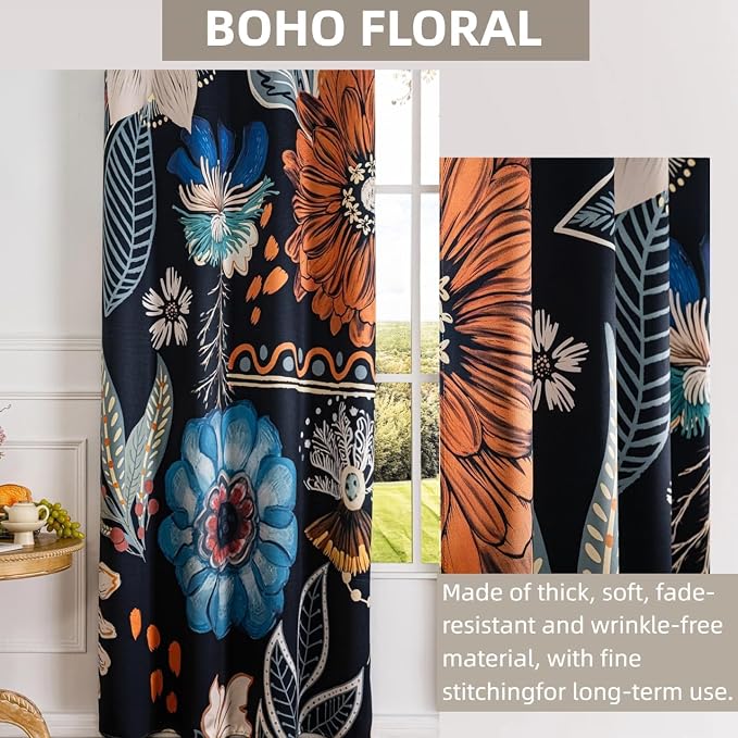 Boho Floral 100% Blackout Curtains for Bedroom 63 inch Long 2 Panels Set Grommet Mid Century Botanical Black Out Curtain Thermal Insulated Room Darkening Window Drapes for Living Room 52Wx63L