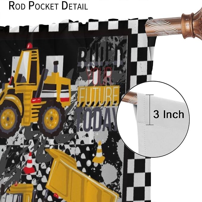 Cartoon Car Blackout Curtain,Boys Kids Construction Vehicles Truck Black White Checkered Window Curtains Kitchen Bedroom Cafe Dining Room Office Living Room Drapes, 55x63 in