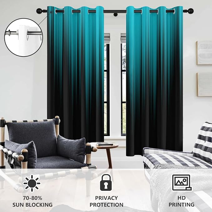 AAtter Teal Black Window Curtains, Room Darkening, Grommet 42" W x 63" L | Turquoise Modern Ombre Drapes, Abstract Striped High Precision Fabric, Aqua Anime Design, 2 Panels Bedroom Decor for Men