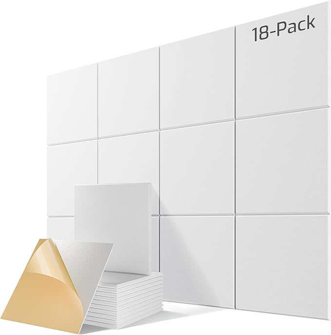 18 Pack Acoustic Panels for Walls, 12" x 12" x 0.4" High Density Self-Adhesive Soundproof Wall Panels, Sound Absorbing Foam Panels for Home & Office Studio (White)