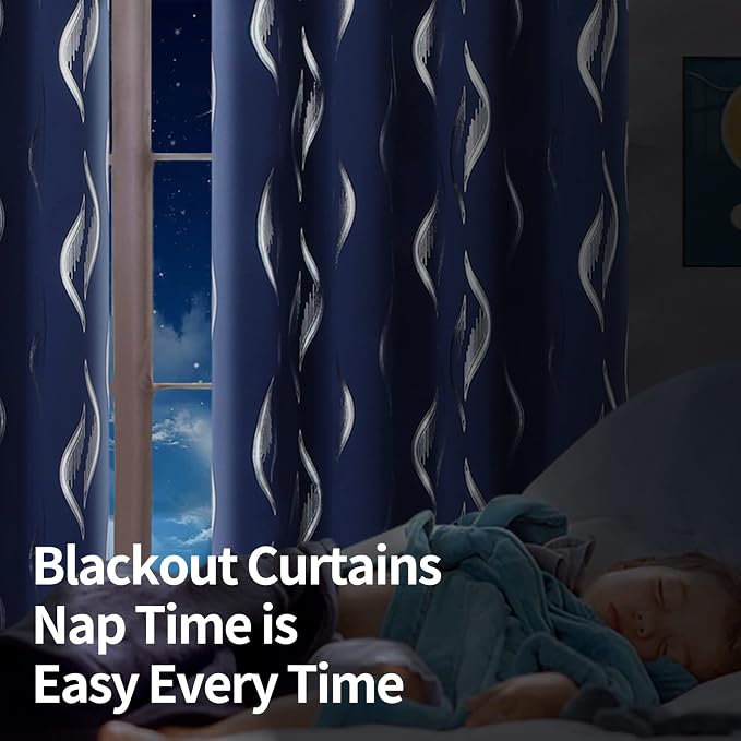 BGment Wavy Navy Blue Blackout Curtains 72 Inch Length 2 Panels Set, Thermal Insulated Privacy Grommet Window Drapes for Kids Boys Bedroom, 52 x 72 Inch