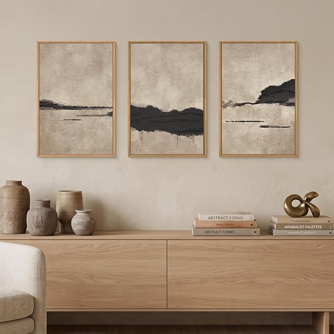 Aryroi Large Abstract Black and Tan Framed Canvas Wall Art,Vintage Minimalist Wall Decor,Neutral Brush Stroke Artwork,Modern Textured Art Print for Living Room,Bedroom,Office- 16"x24"x3