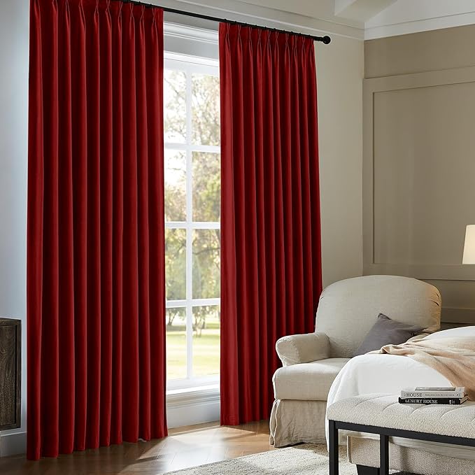 Pinch Pleated Blackout Curtains for Bedroom, Red Velvet Curtains for Living Room, Black Out Curtain 90 inch Long Room Darkening, Blackout Pinch Pleatd Drapes with Hooks 2 Panels
