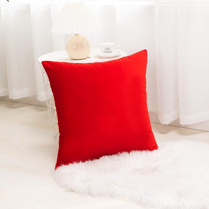 Elegant Comfort Velvet Cushion Covers Pack of 2, Velvet Soft Solid Decorative Square Throw Pillow Covers Set Cushion Case for Sofa Bedroom Car 18 x 18 Inch (45 x 45 cm), Solid Red